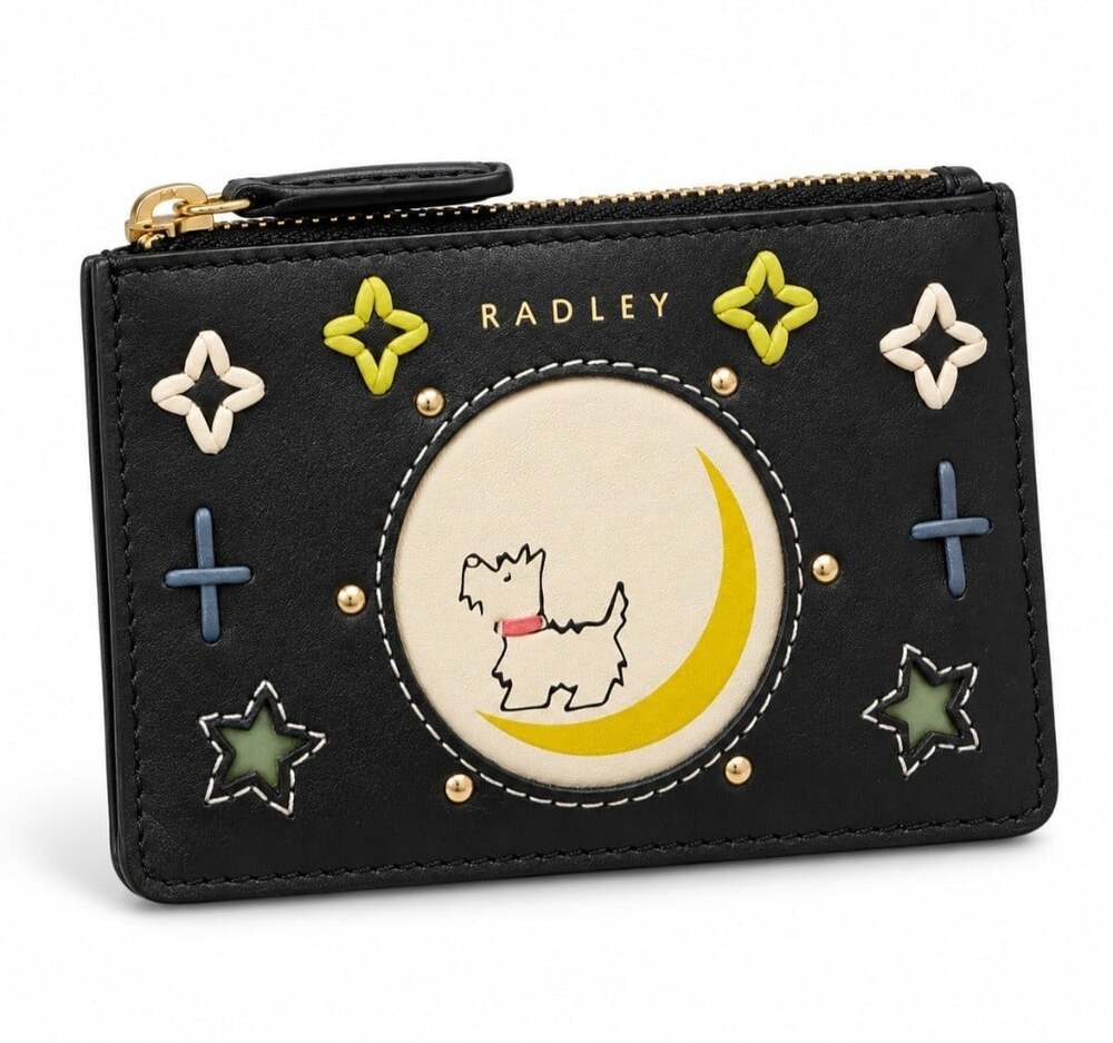Radley London To The Moon Card Coin Holder Black Scottie Dog NWT Leather